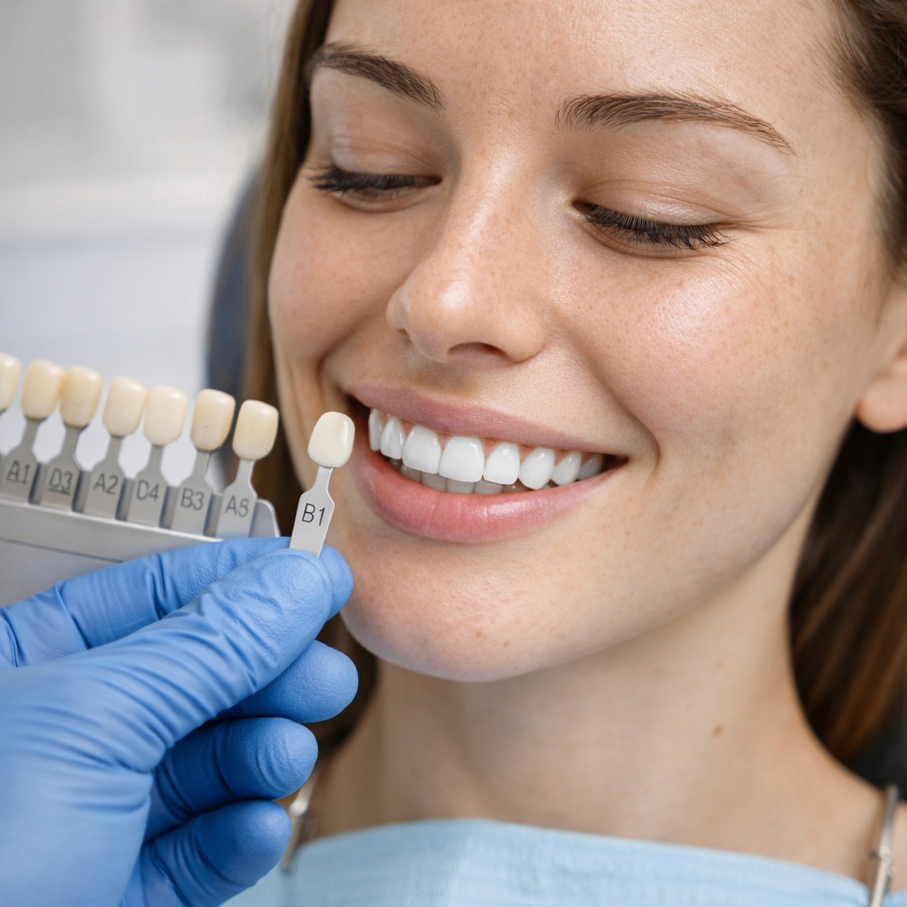 closeup of a dentist measuring a womans teeth color