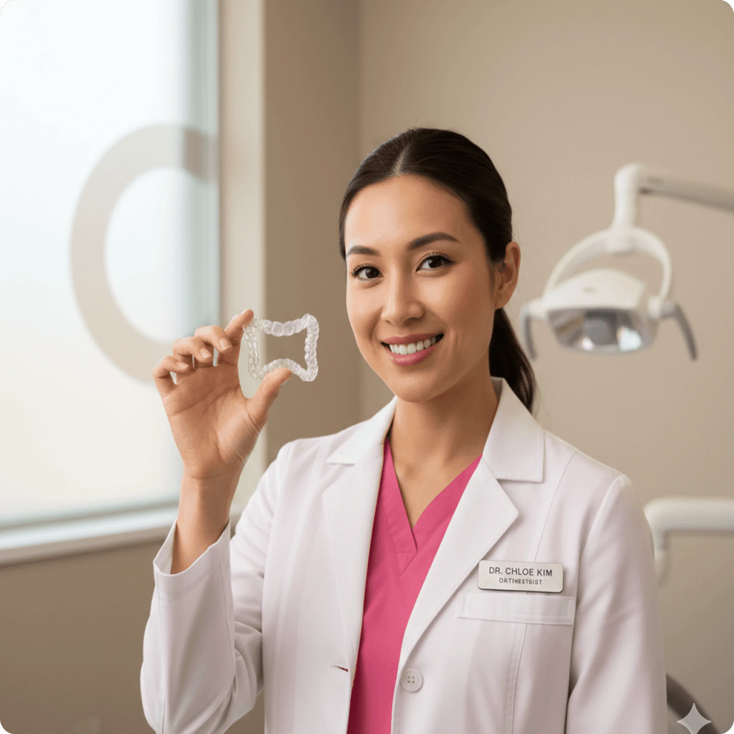 A smiling dentist in a white coat holding a clear dental aligner