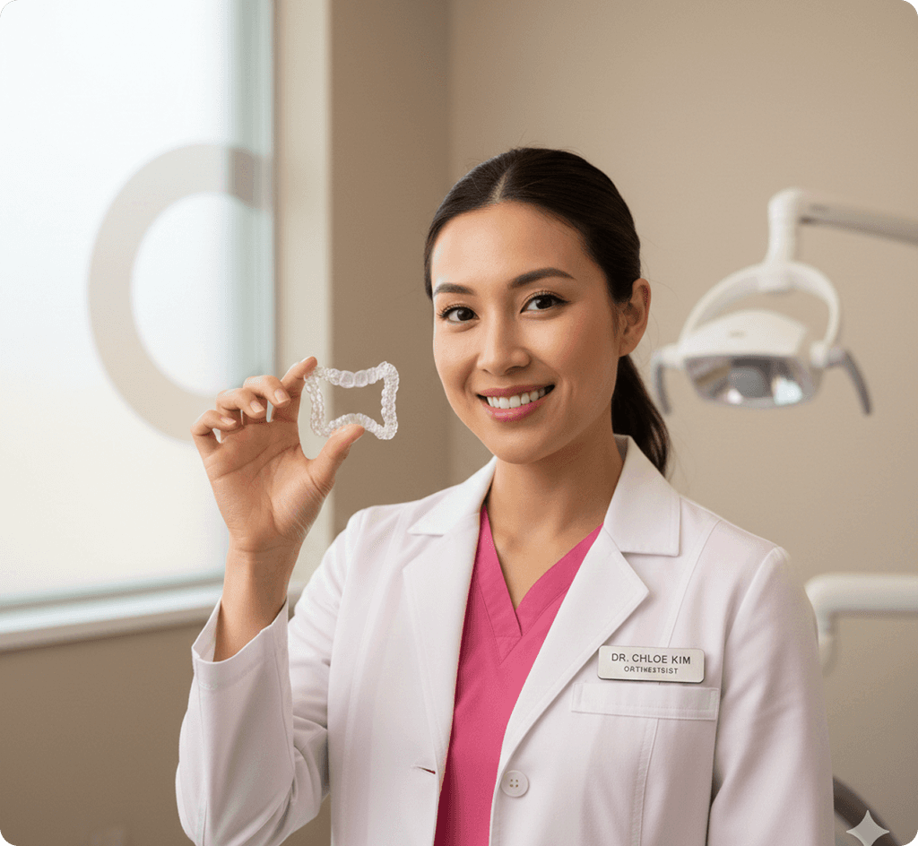 A smiling dentist in a white coat holding a clear dental aligner