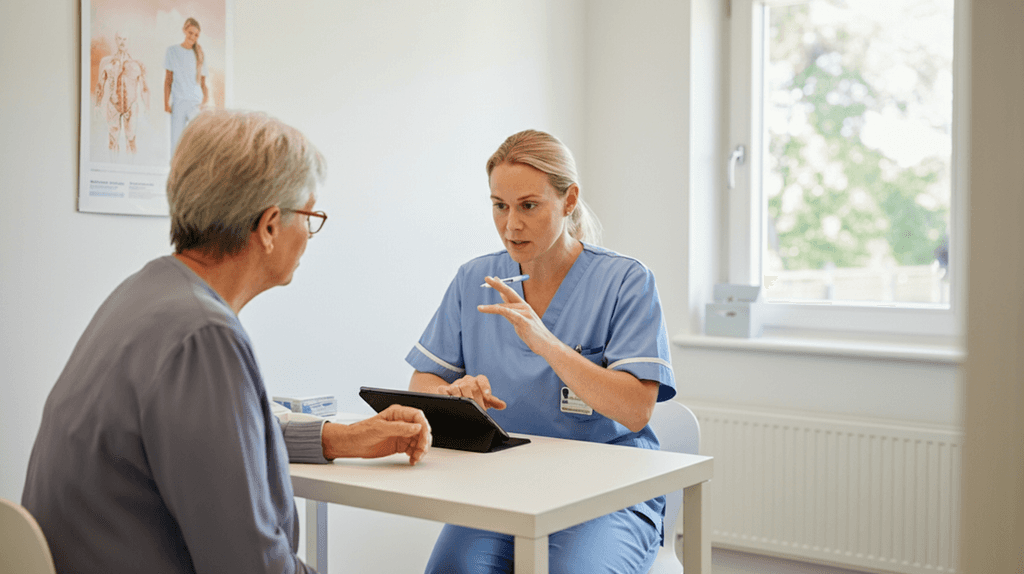 Healthcare professional in blue scrubs discussing treatment with older patient using tablet in medical office