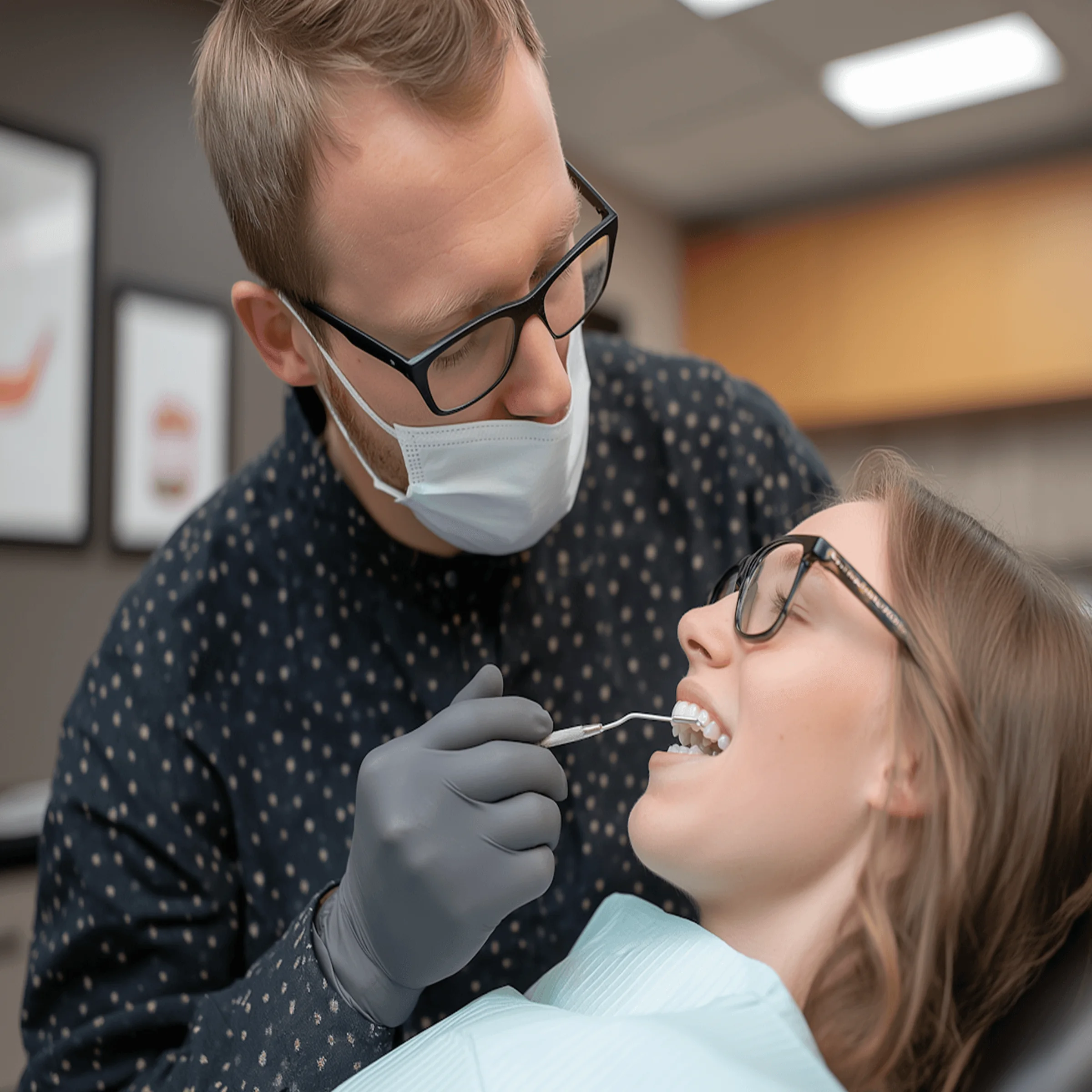 Dental professional examining patient’s teeth in modern clinic setting.