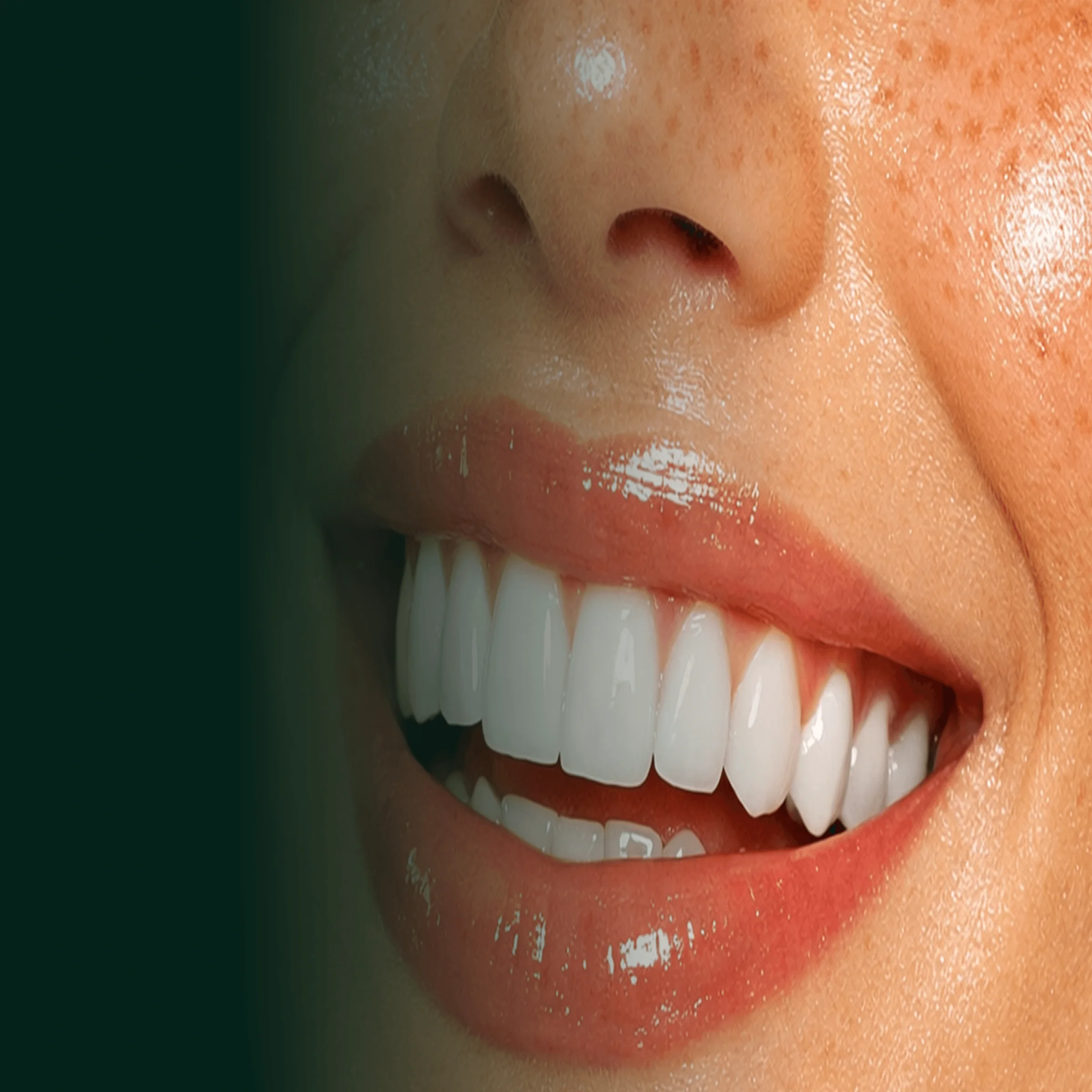 Close-up of glossy lips and white teeth.