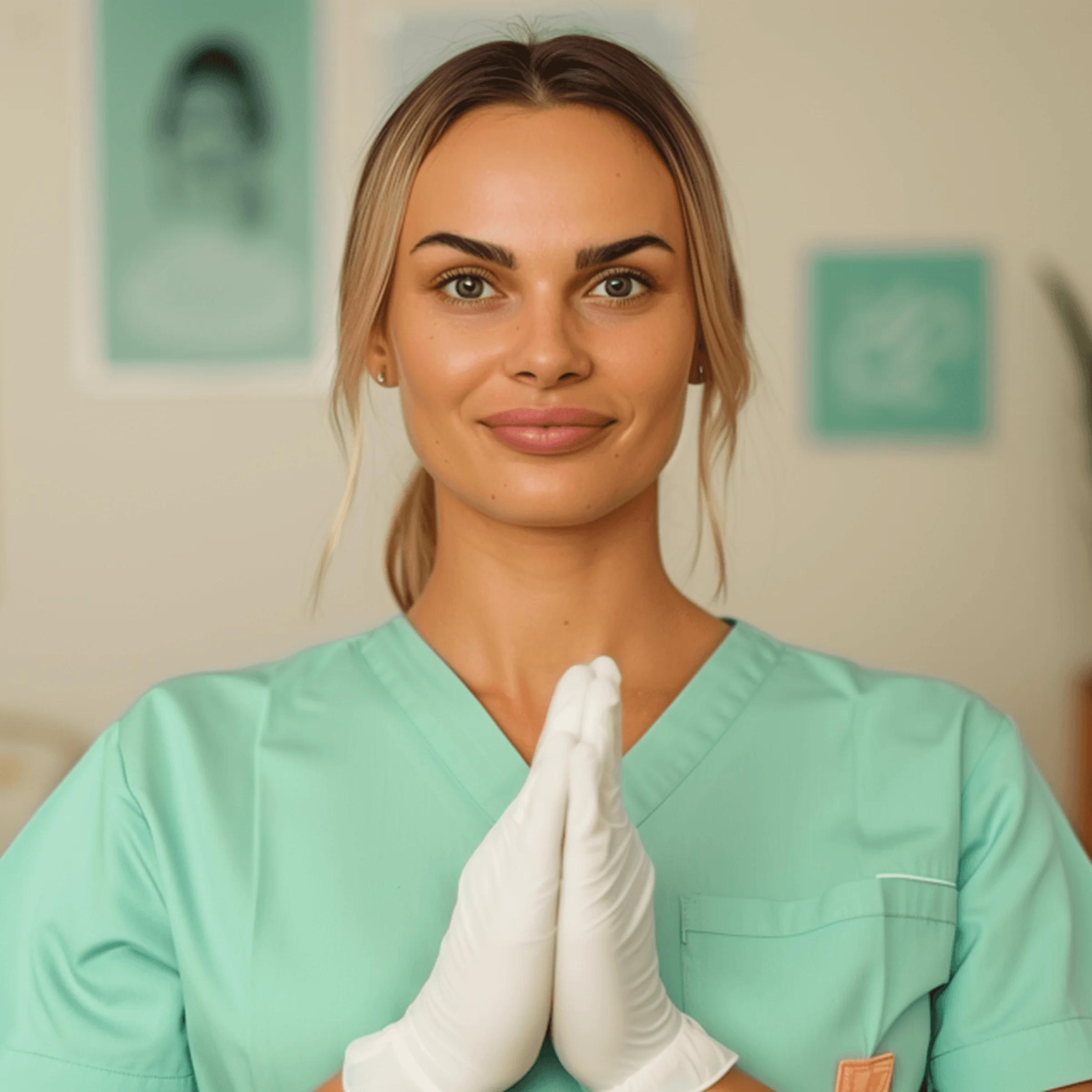 Person in green scrubs and gloves standing indoors with hands pressed together in greeting gesture.