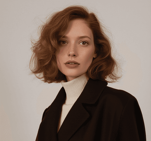 Person with auburn hair in black coat and turtleneck
