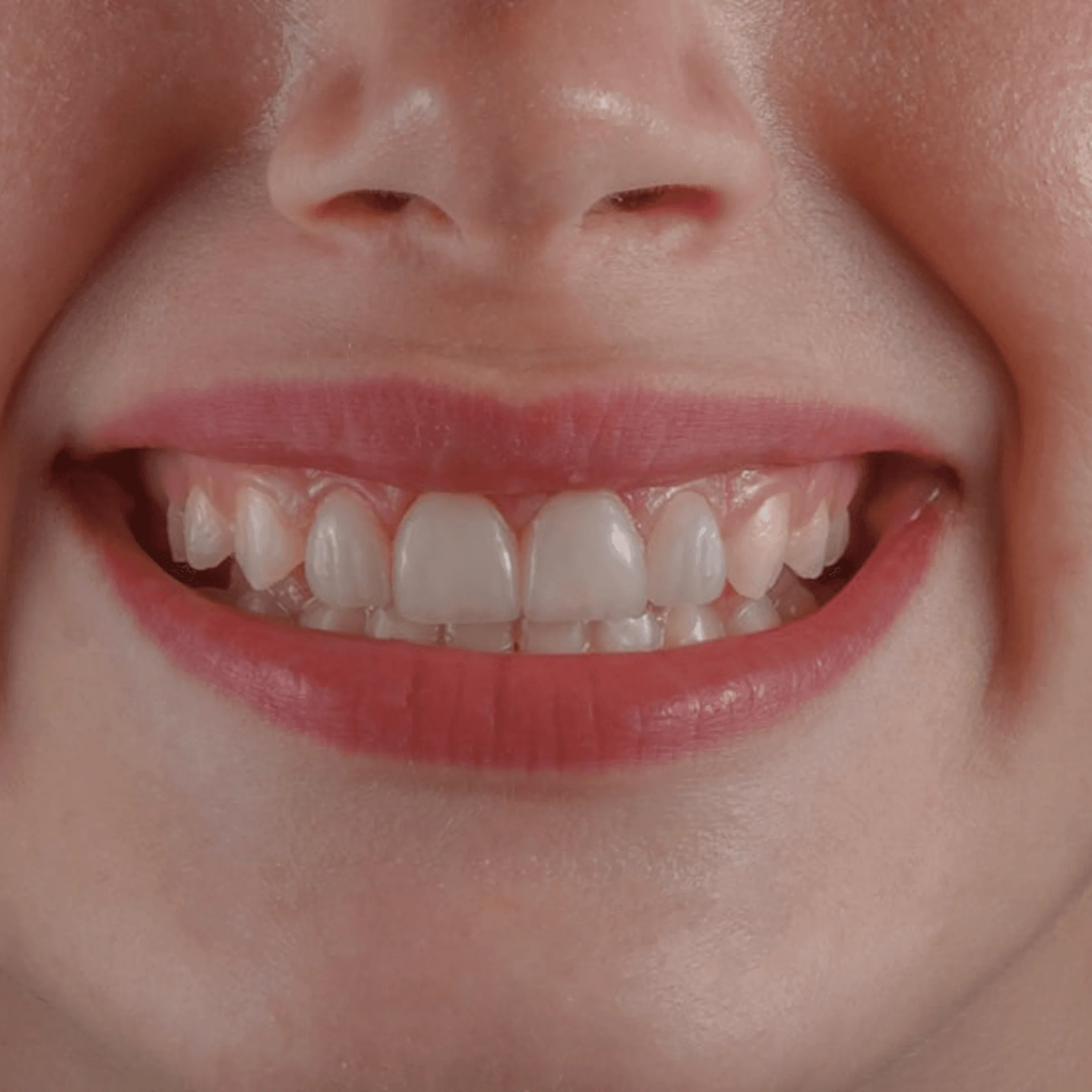 Close-up of smiling mouth showing natural teeth and lips slightly parted.