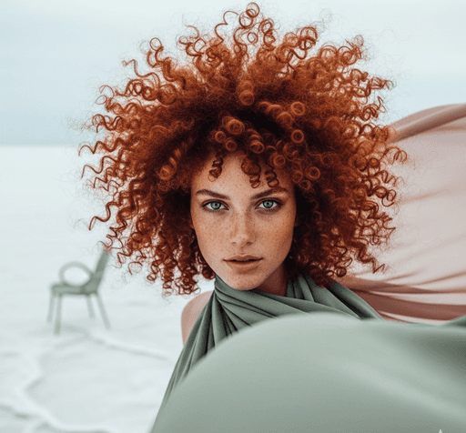 Person with red curly hair in flowing fabric on pale landscape.