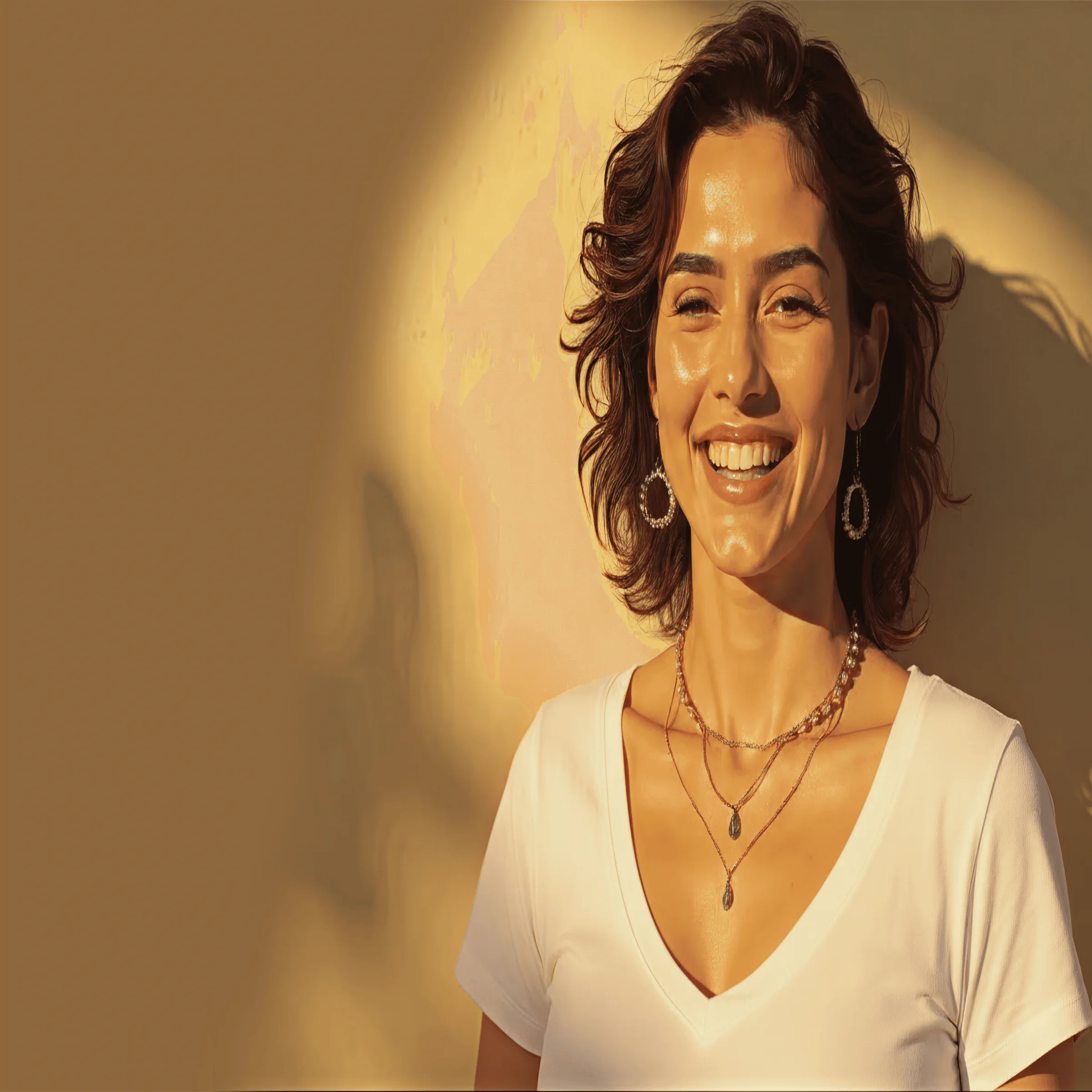 Person smiling warmly in sunlight