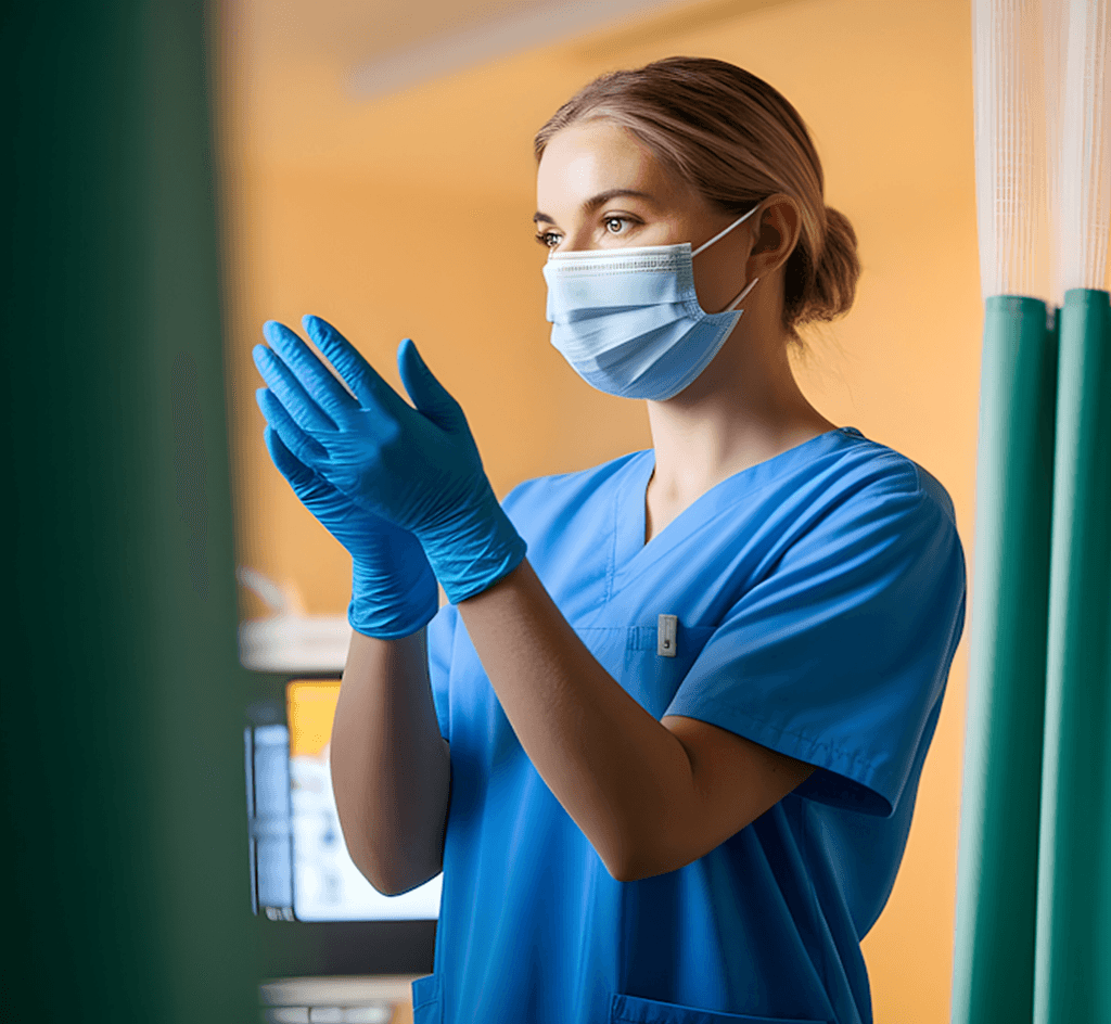 Healthcare worker in blue scrubs adjusting gloves in clinical setting with green curtains and equipment