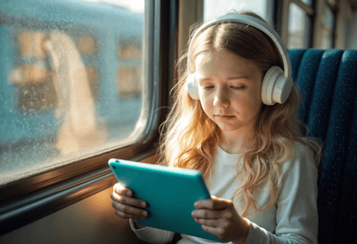 Child with headphones using tablet on train