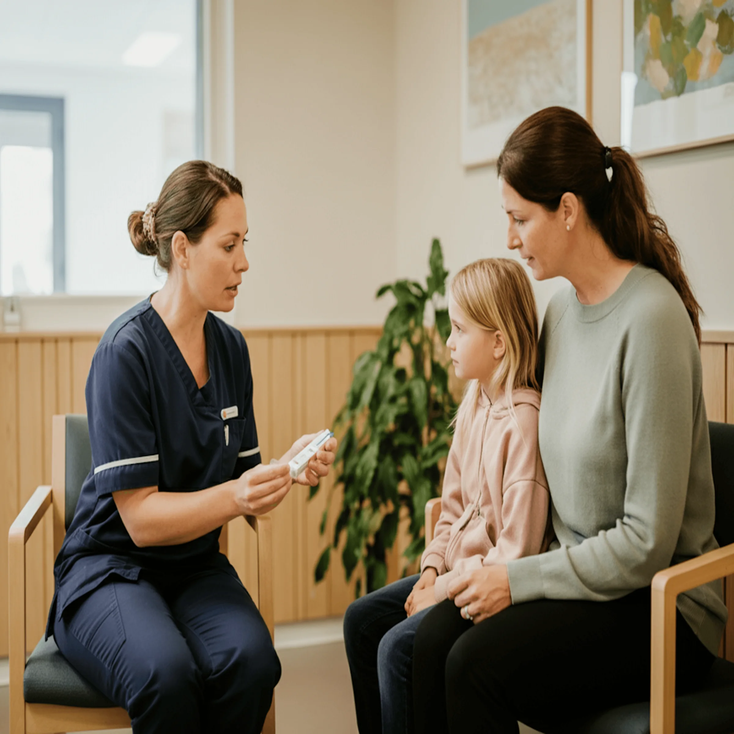 Medical professional in navy scrubs explaining device to woman and child in clinic setting.
