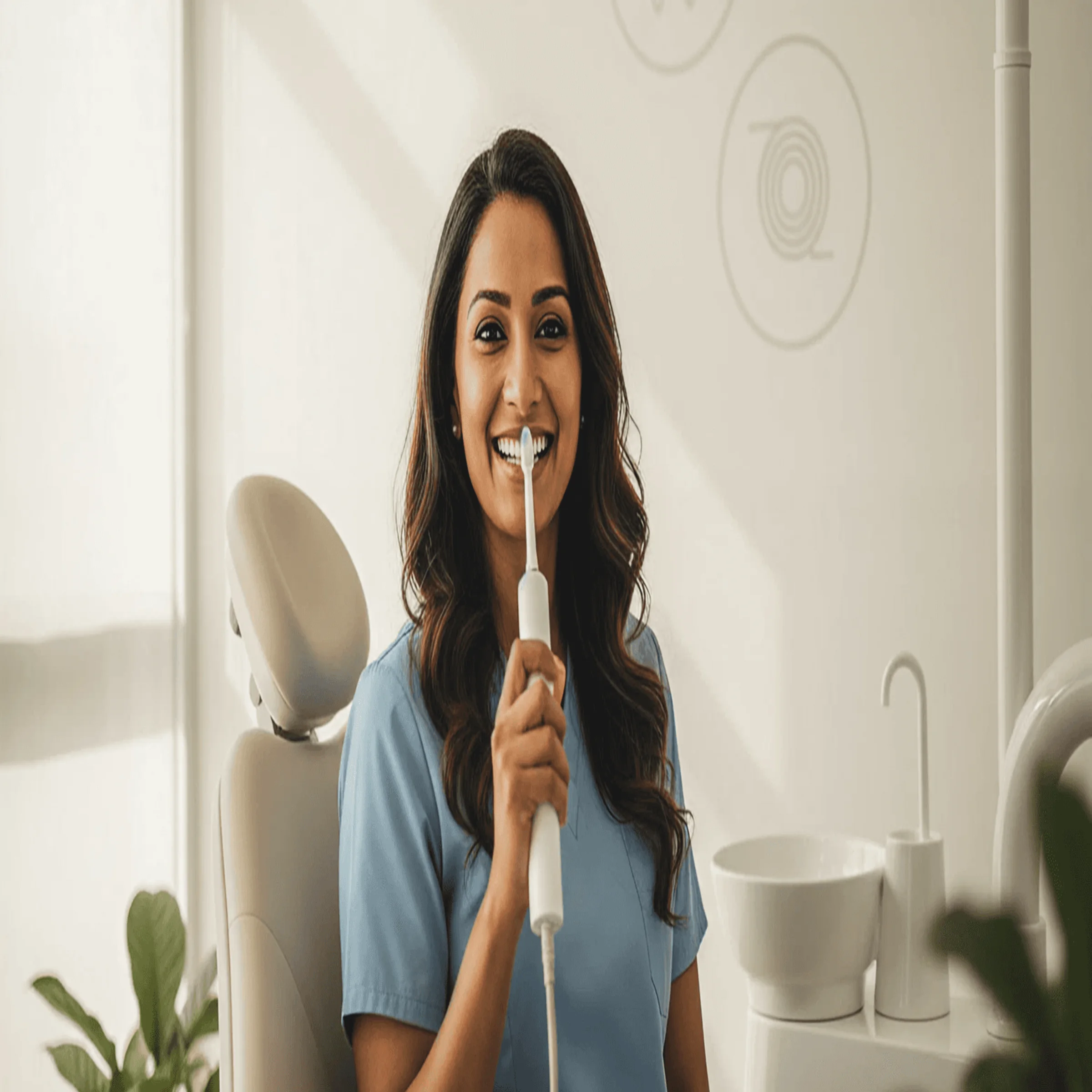 smiling person in blue scrubs holding electric toothbrush in dental clinic.