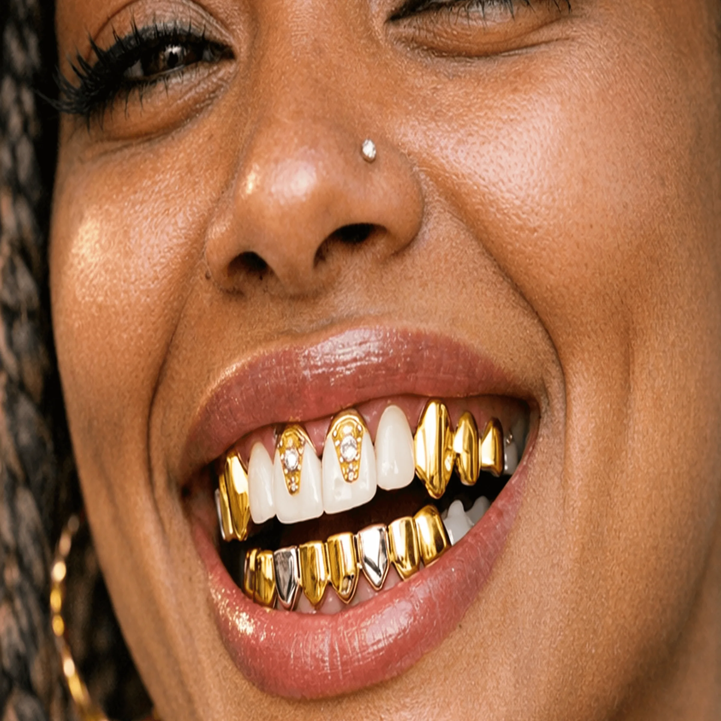 Smiling person with gold and diamond grills.