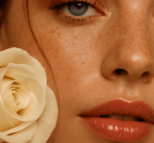 Close-up of freckled face with rose and glossy lips