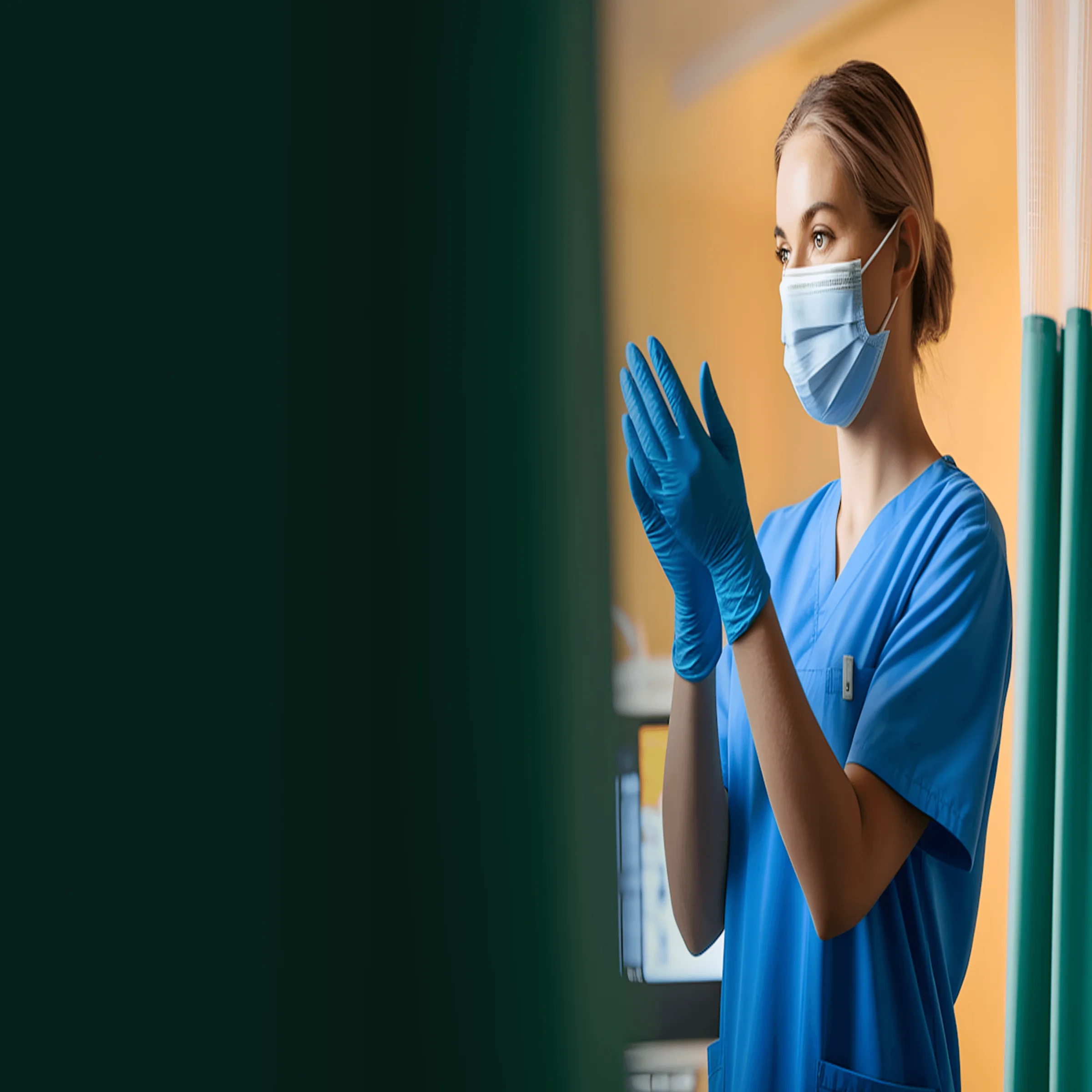 Healthcare worker in blue scrubs adjusting gloves in clinical setting with green curtains and equipment